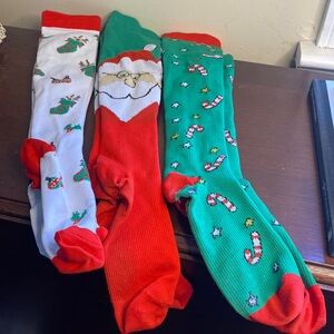 3 pairs Holiday Compression Knee Highs uni- sex adult one size pre owned